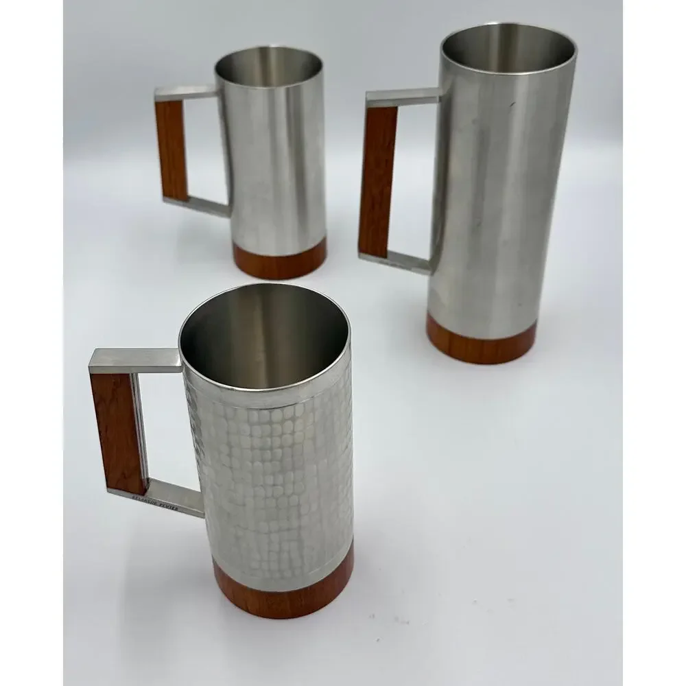 Danish Modern tiki Era Royal Selangor Pewter & Teak Mug Tankard Steins Set